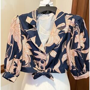 PatBO Cropped Tie Front Blouse Womens US 6 Navy Pink Floral Puff Sleeve Brazil